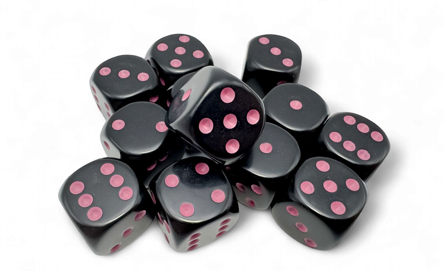 Ensemble de 12 dés 6 faces 16 mm - Noir/Rose