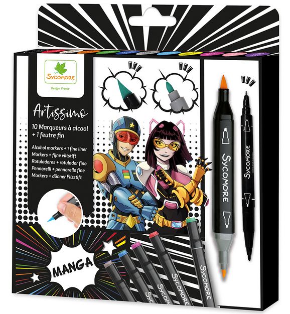Artissimo - 10 marqueurs double pointes à alcool Manga + 1 feutre fin