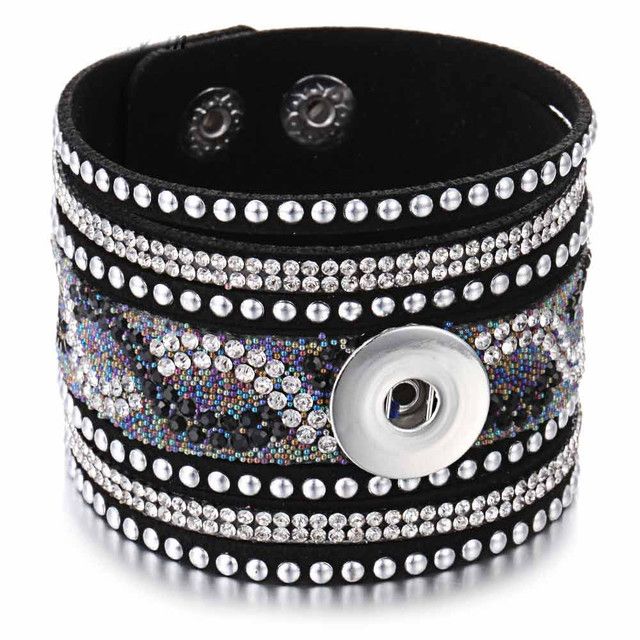 SnapOn Bred Cuff Armbånd - Sort Rhinestone