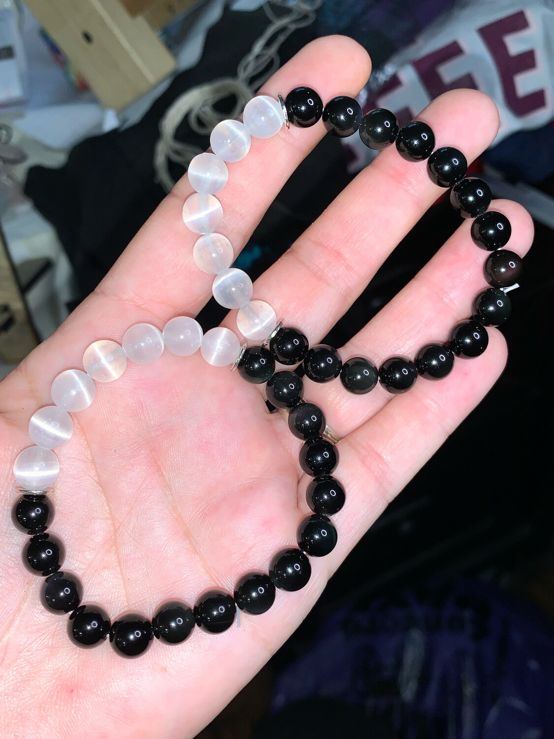 Selenite And Rainbow Obsidian Crystal Bead Bracelet