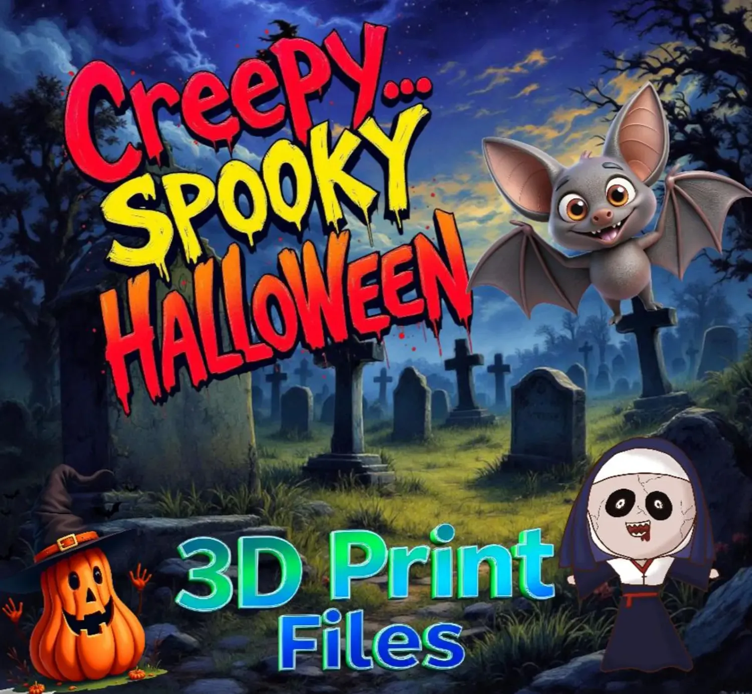 Halloween and Spooky collection of 3D printer files, everything scary, all you creepy characters, STL and 3mf files. Over 400 files