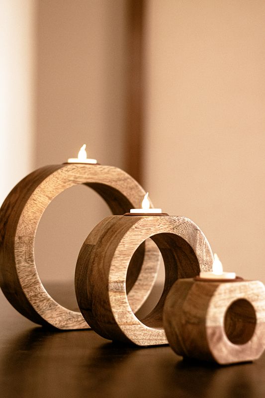 Handcrafted wooden round candle holders for home decor