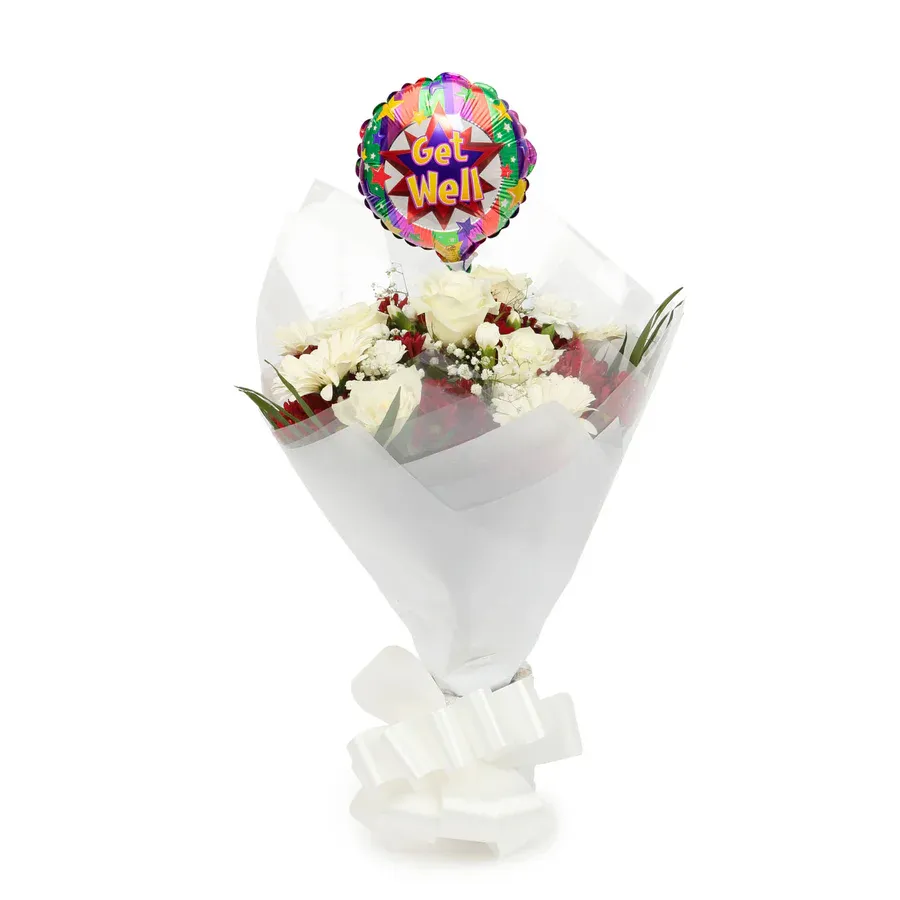 A Red &amp; White Deluxe Bouquet &amp; Get Well Balloon