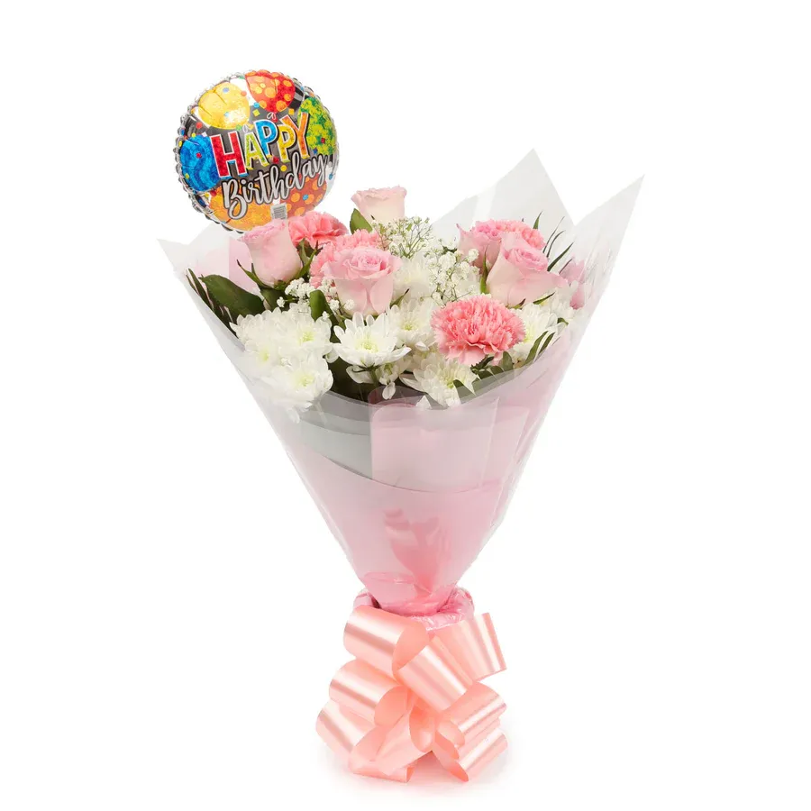 A Pink Snow White Bouquet &amp; Birthday Balloon