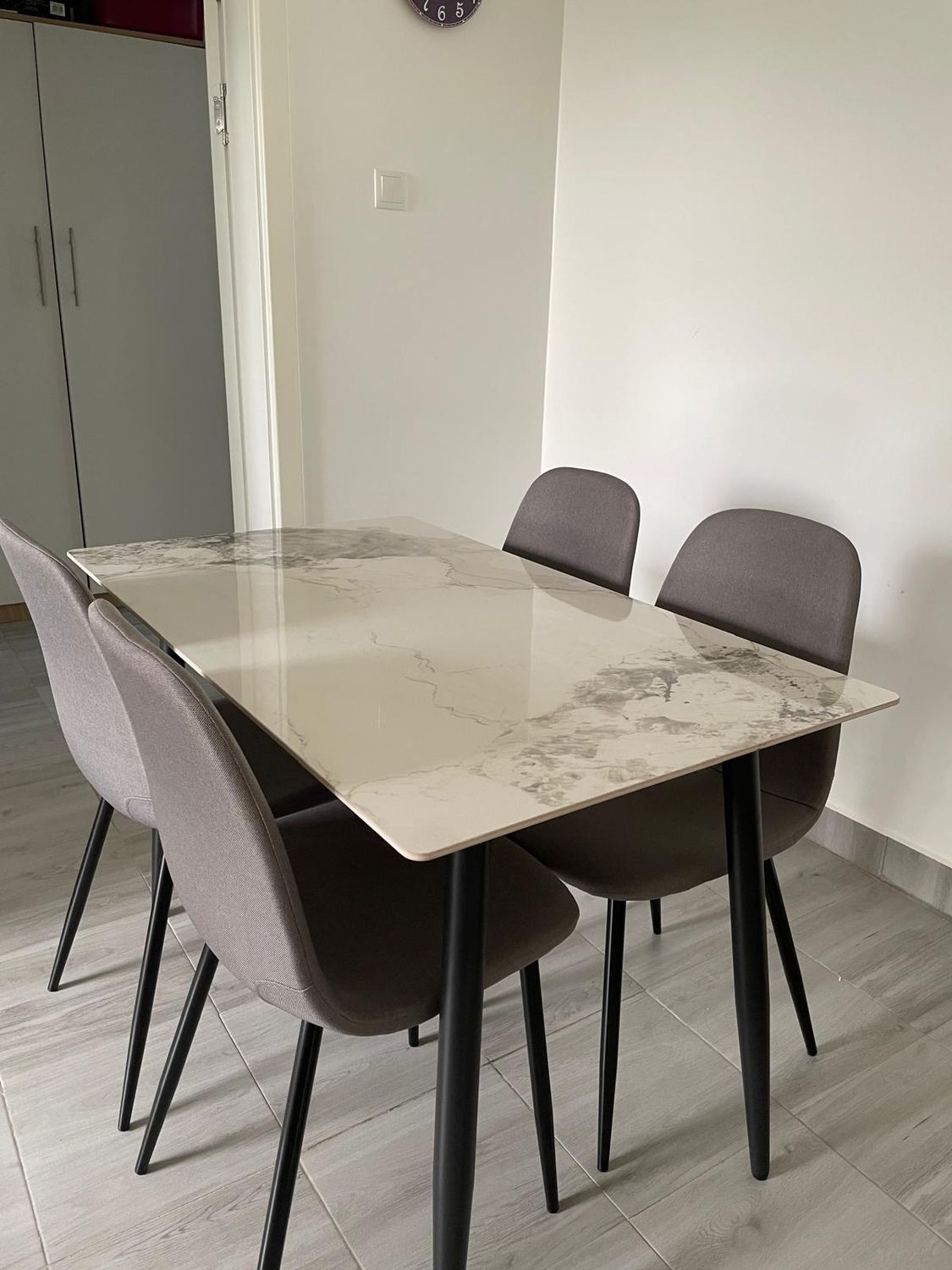 Ceramic Dining Table &amp; 4 Grey Fabric Chairs - Black Legs