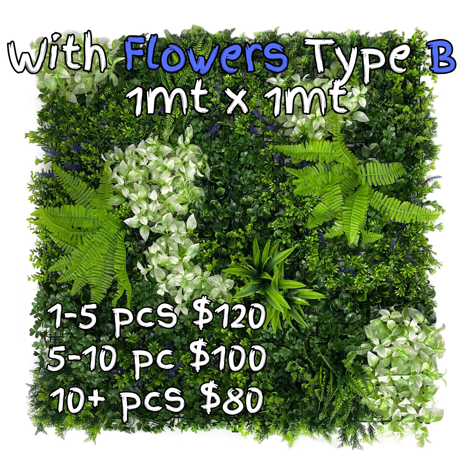 Green Wall with Flowers, Vertical Wall, Artificial Plants, 1x1mt