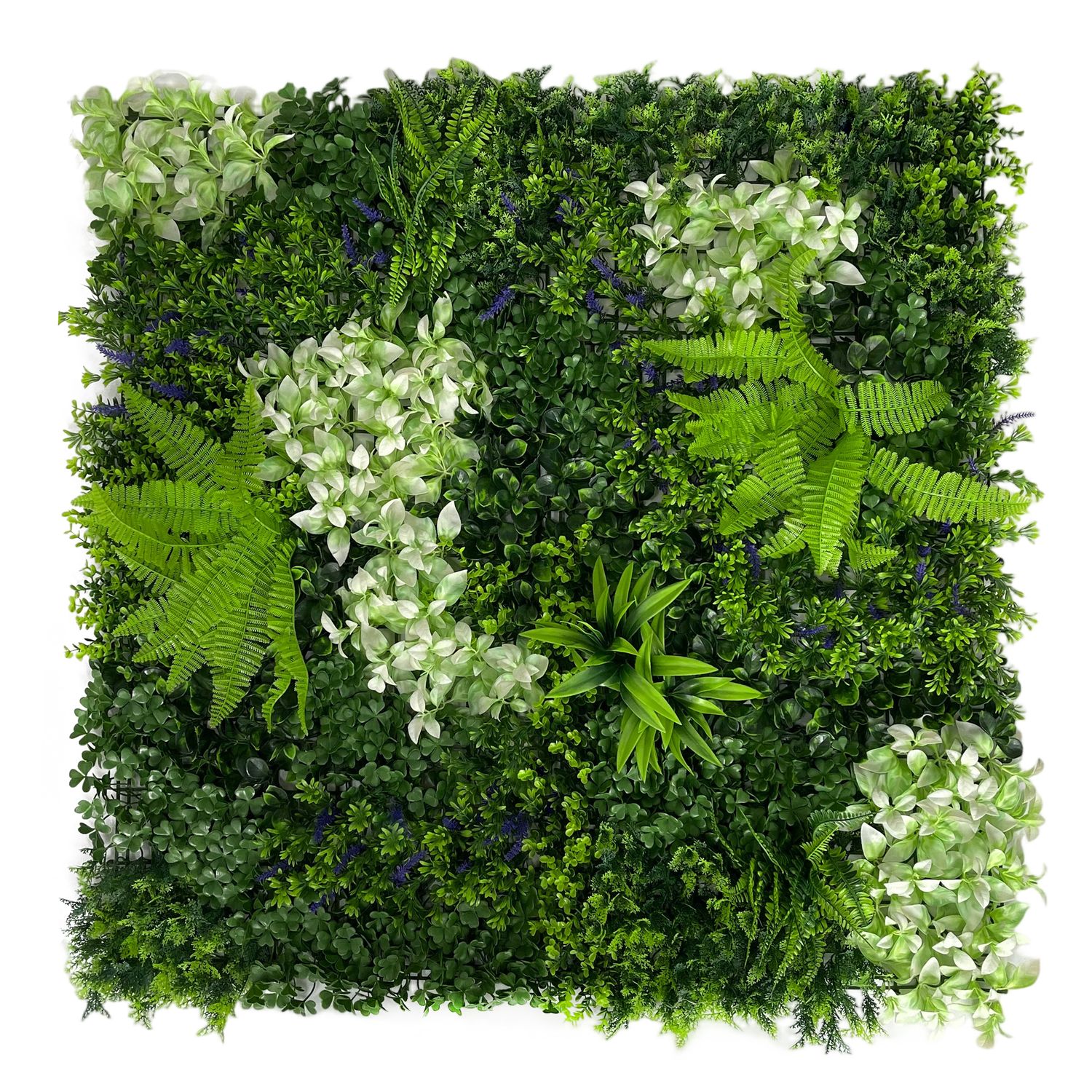 Green Wall with Blue and White Flowers, Vertical Wall, Artificial Plants, 1x1mt