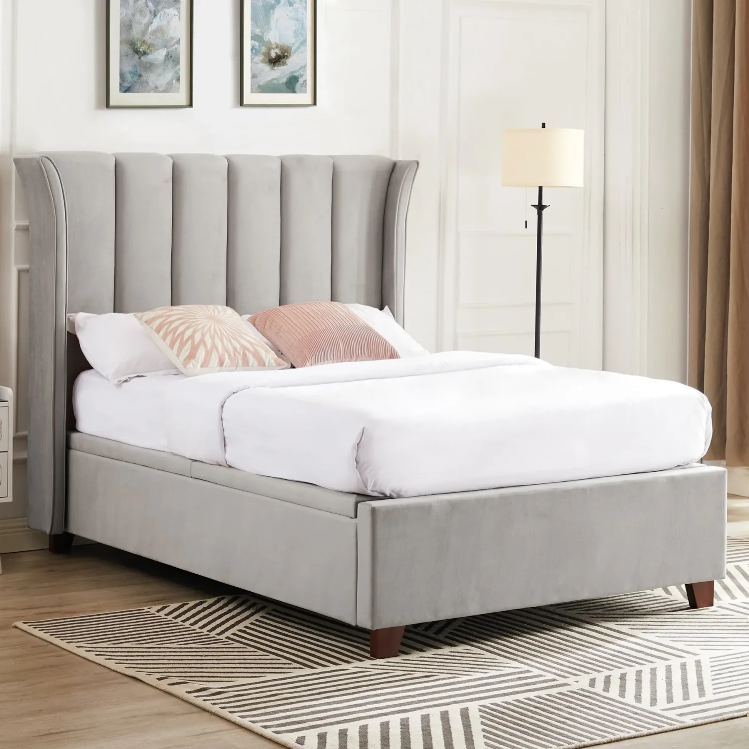 Mia 4ft6 Upholstered Ottoman Bed Frame Light Grey Velvet