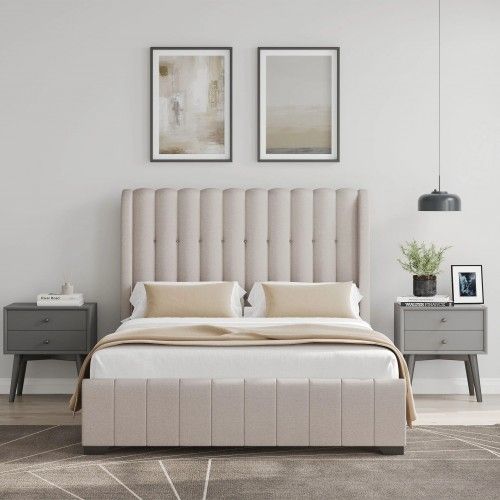 Megan Upholstered Bed Frame Beige Fabric