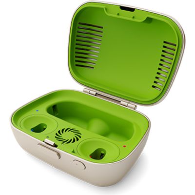 Phonak Charge and Care station open with rechargeable hearing aids inserted