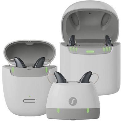 Signia Pure Charge&amp;Go IX charger options including desktop, portable, and Dry&amp;Clean chargers