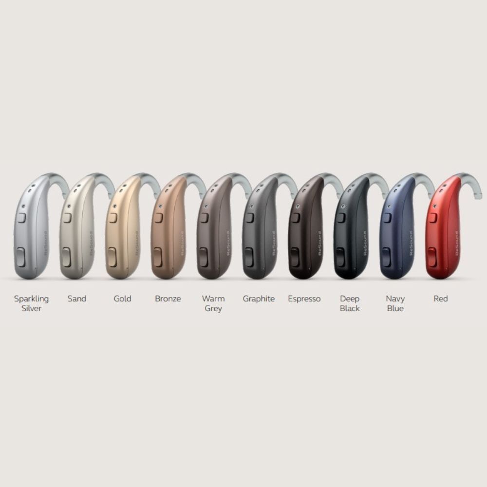 ReSound Enzo IA Super Power hearing aids shown in available colors