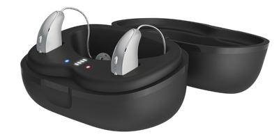 Starkey Omega AI rechargeable hearing aids in charging case