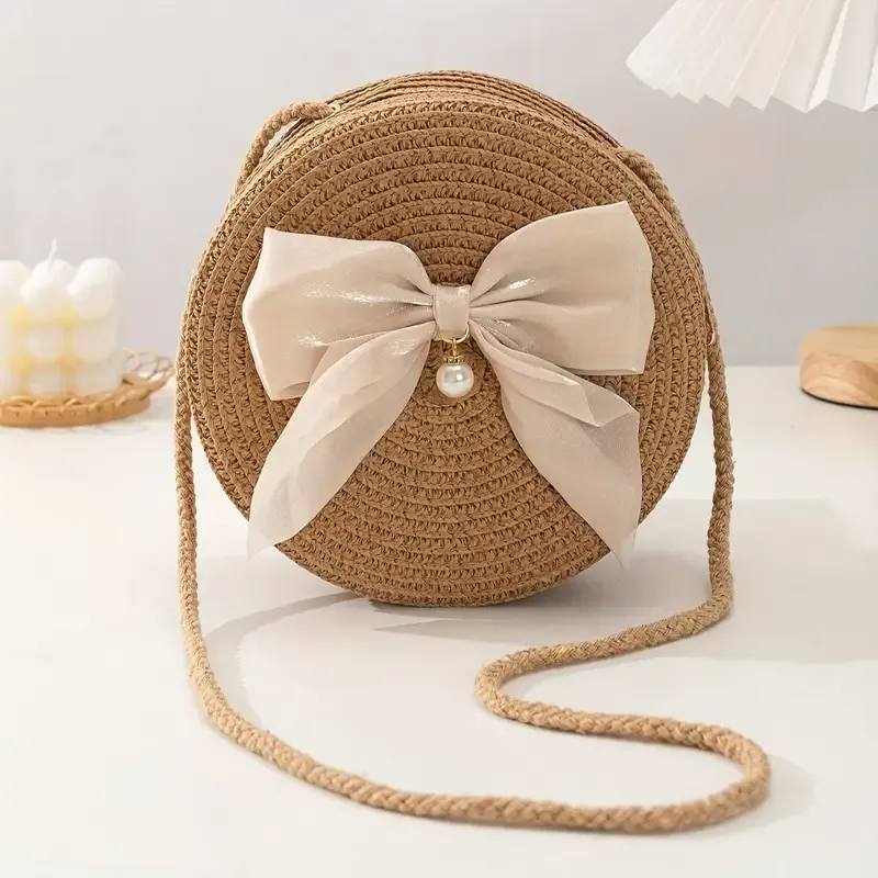 Elegant Khaki Round Straw Crossbody Bag with Bow Decoration