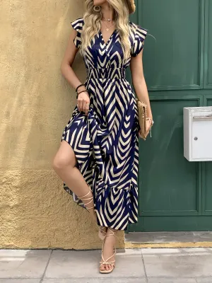 Geometric Print Long Sleeve Dress with Hemline Skirt