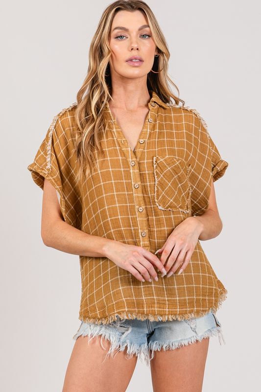 Mustard Plaid Raw Hem Top