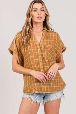 Mustard Plaid Raw Hem Top