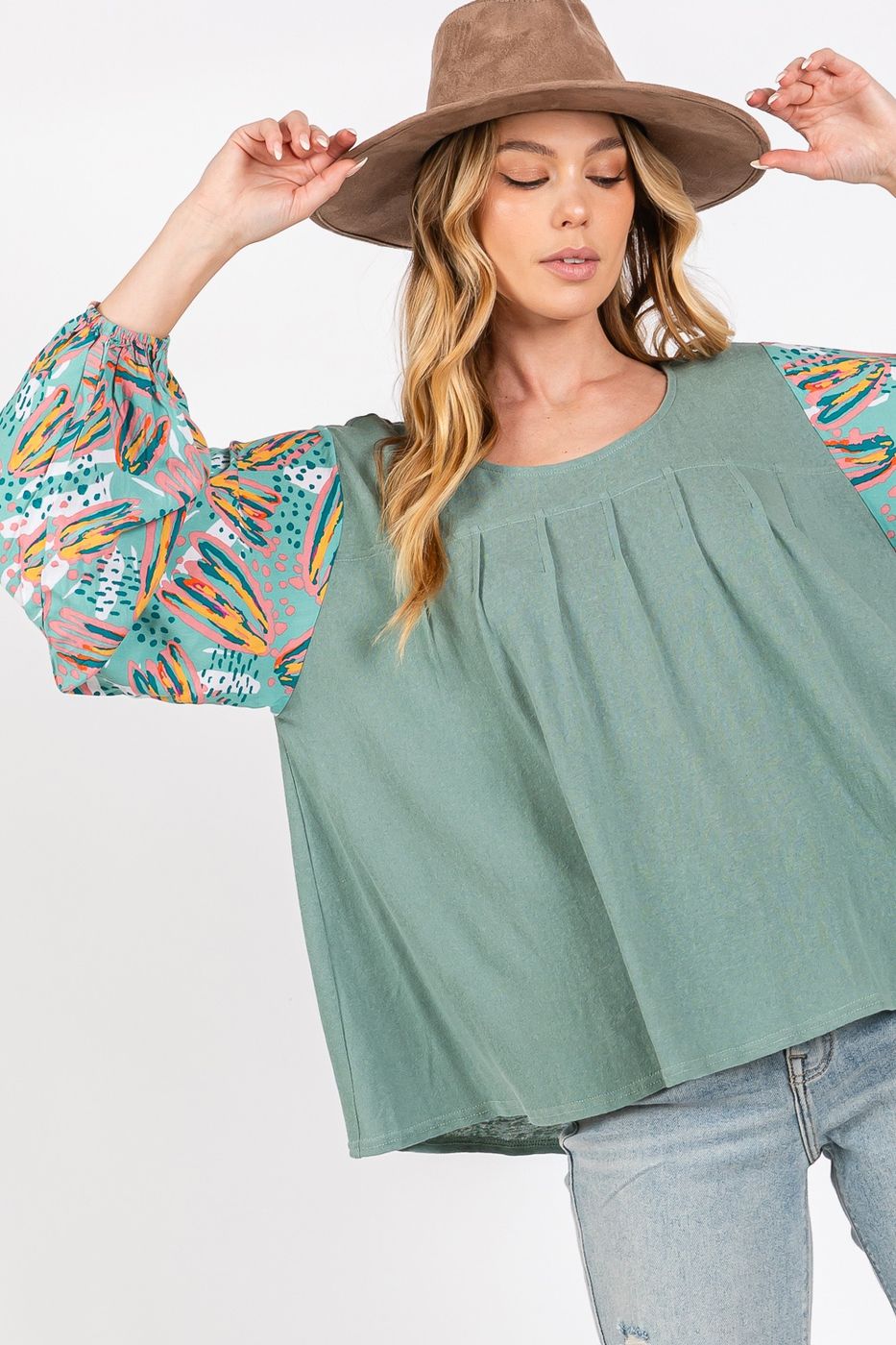Solid Cotton Top with Floral Contrast Sleeves