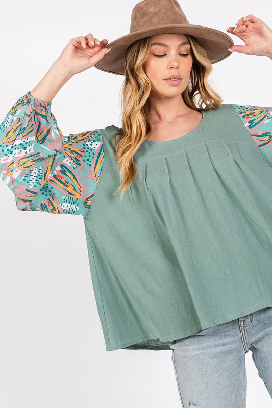 Solid Cotton Top with Floral Contrast Sleeves