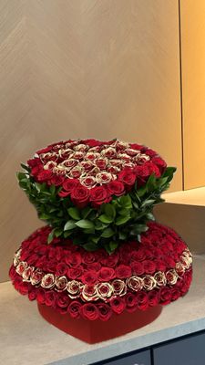 Double Heart Luxe – Red and Gold Rose Arrangement in Two-Tier Heart Box by Je T’aime Fleurs – Miami &amp; Naples