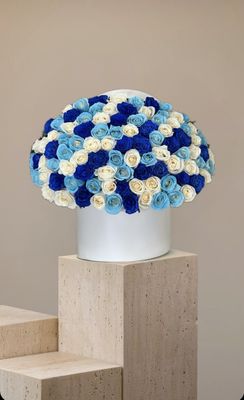 Dome box of royal blue, white, and light blue roses in luxury white hatbox – Miami &amp; Naples flower delivery