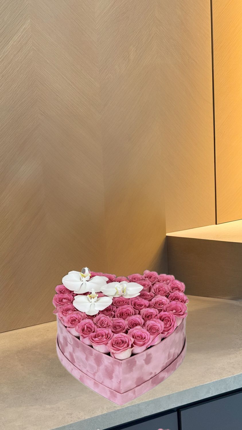 Luxury velvet heart-shaped flower box with pink roses and white orchids – Miami, Naples &amp; Palm Beach delivery
