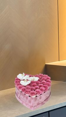 Luxury velvet heart-shaped flower box with pink roses and white orchids – Miami, Naples &amp; Palm Beach delivery