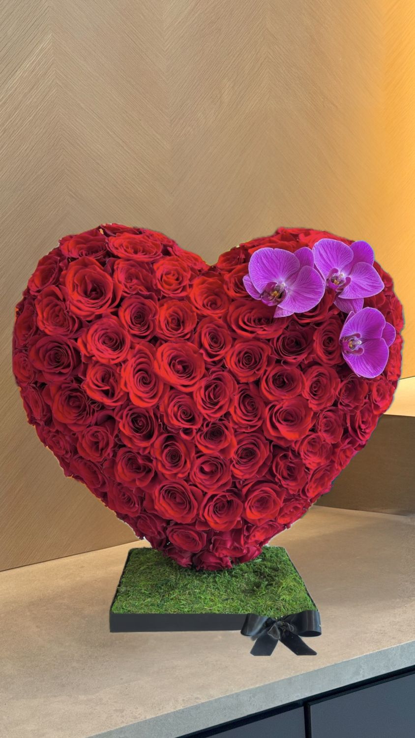 Heart-shaped floral design “Sublime” with red roses and violet orchids – Je T’aime Fleurs Miami &amp; Naples