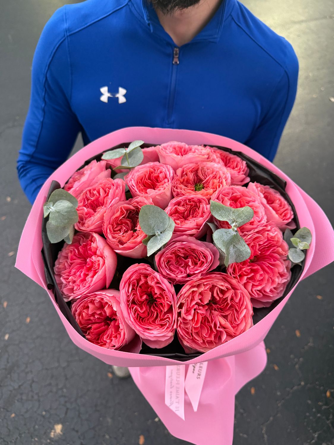 Luxury bouquet of pink garden roses with eucalyptus in pink wrapping – Je T’aime Fleurs Miami &amp; Naples
