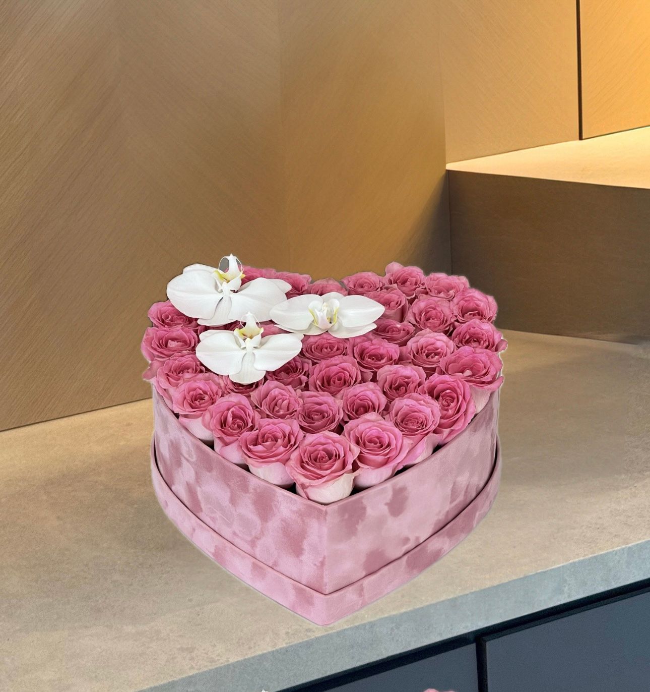 Velvet Heart Luxury velvet heart-shaped flower box with pink roses and white orchids – Miami, Naples & Palm Beach delivery