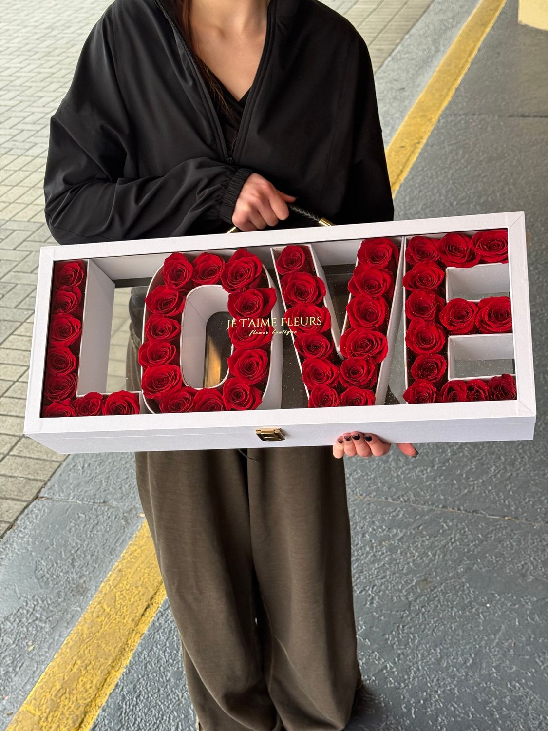 LOVE rose box made with red roses by Je T’aime Fleurs in Miami and Naples