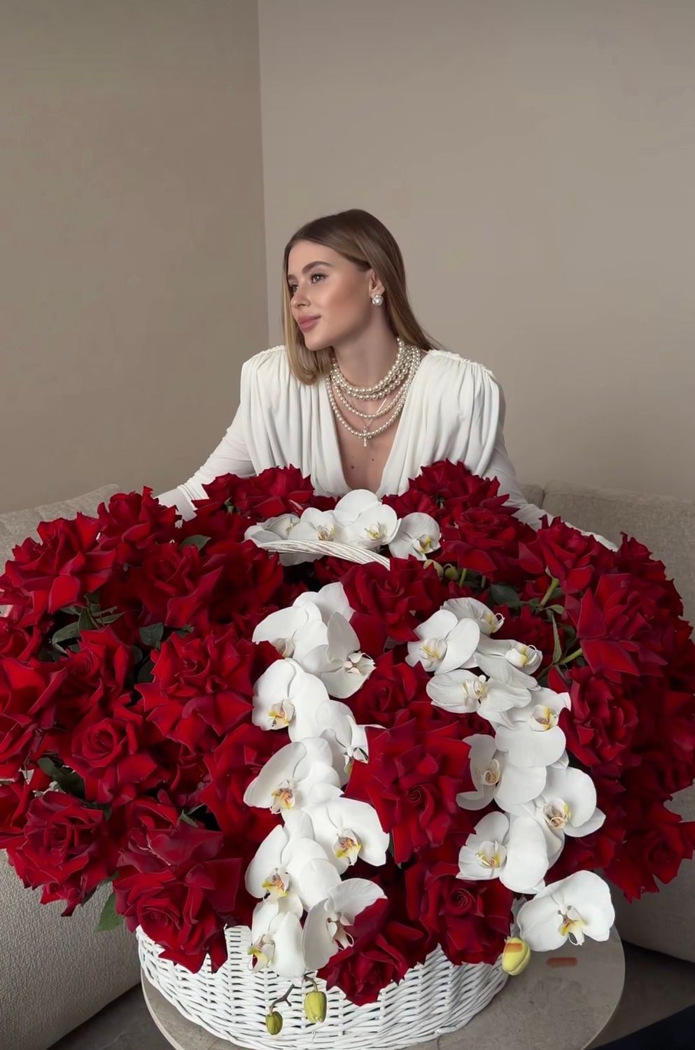 French Basket Elegant floral arrangement of French red roses and orchids by Je T’aime Fleurs