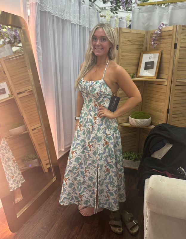 Floral Printed Spaghetti Strap Backless Slit Maxi Dress