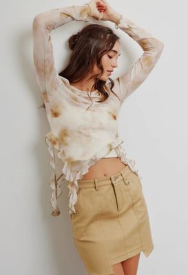 High Neck Tie Dye Mesh Top With Uneven Ruffled Hem