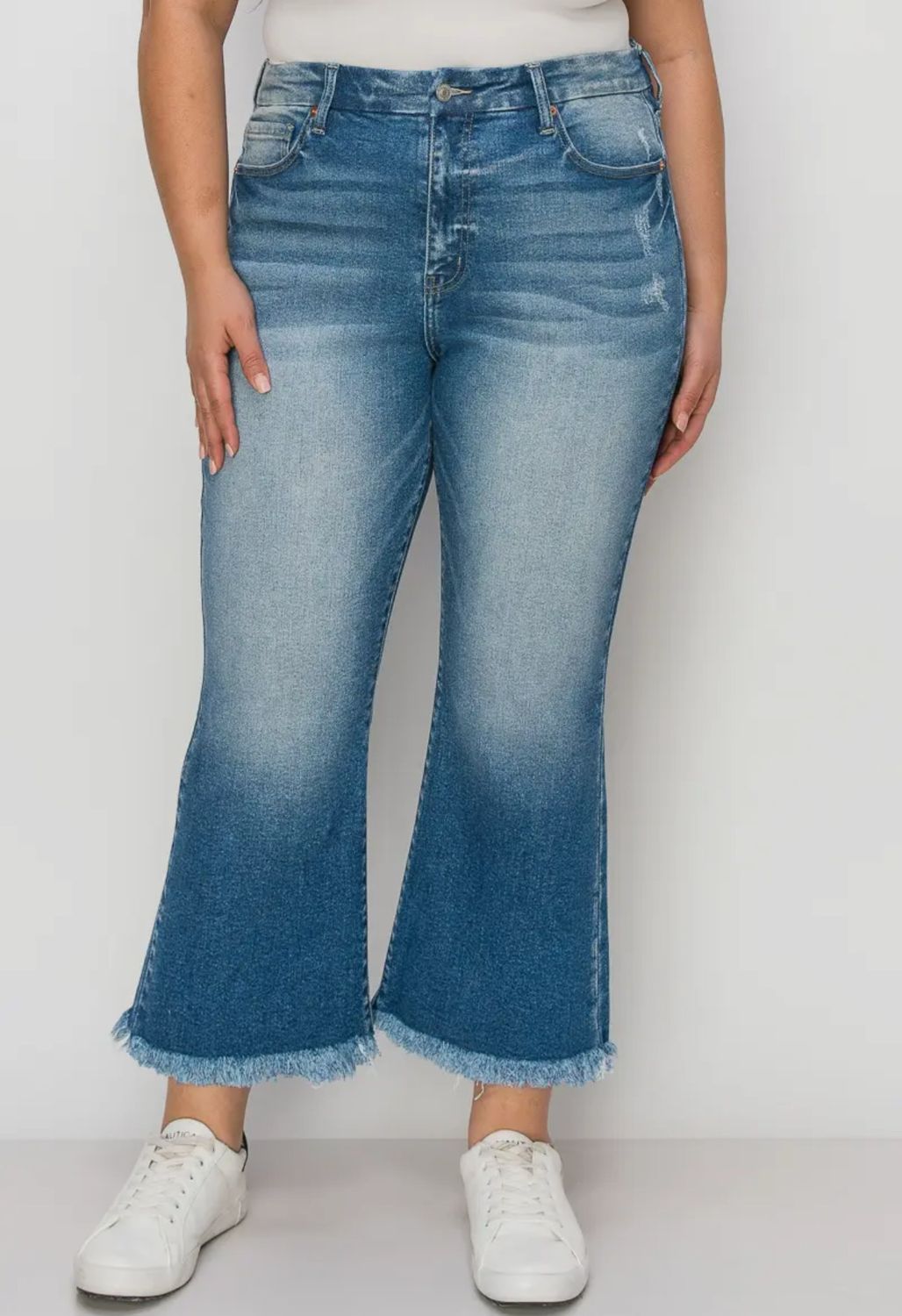 Plus Size Mid Rise Super Flare W/distressed Wide Hem Jeans