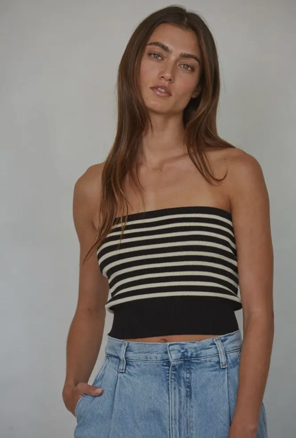 Knit Sweater Ribbed Striped Straples Tube Top