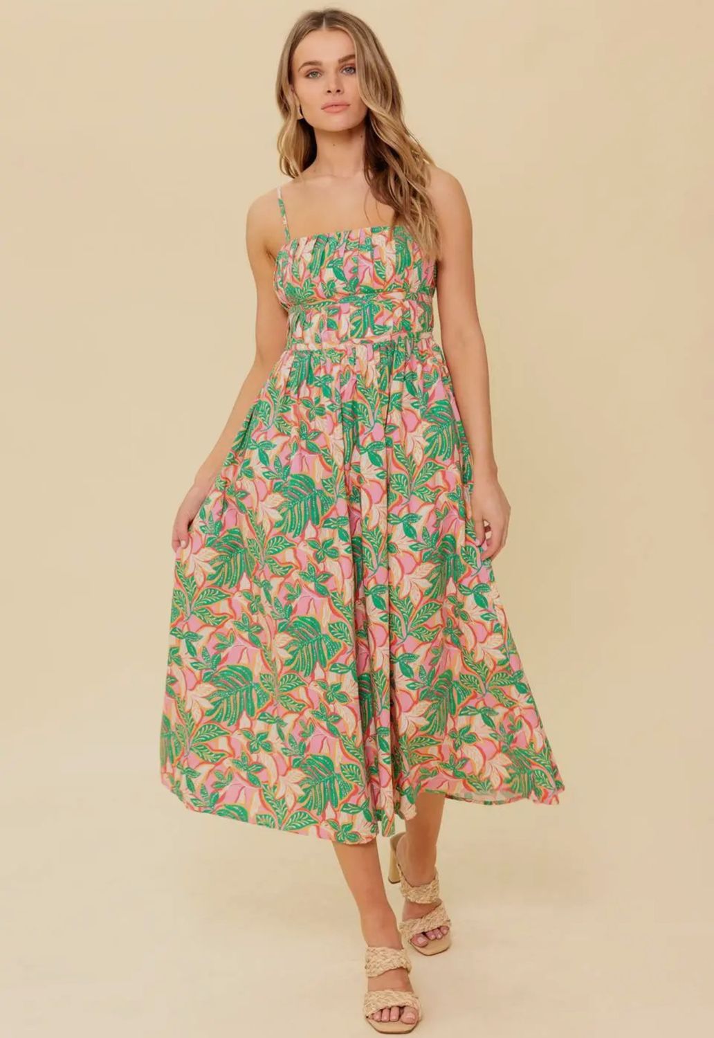Pink/green Woven Midi Dress