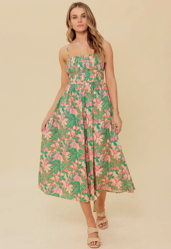 Pink/green Woven Midi Dress