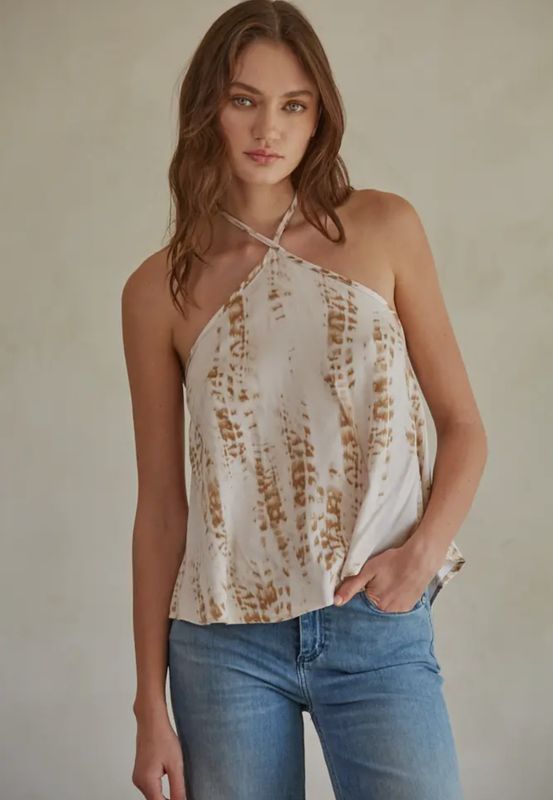 Print Detail Spaghetti Strap Halter Neck Blouse Top Light Taupe