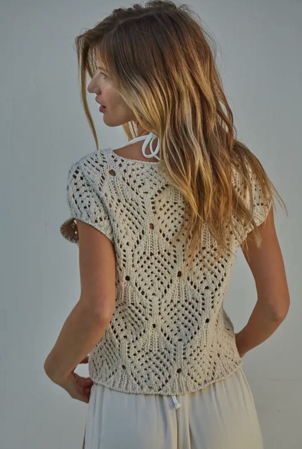 Knit Sweater Cotton Crochet V- Neck Cap Sleeve Top