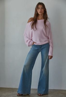 Knit Sweater Boat Neck Long Sleeve Pullover Top Light Pink