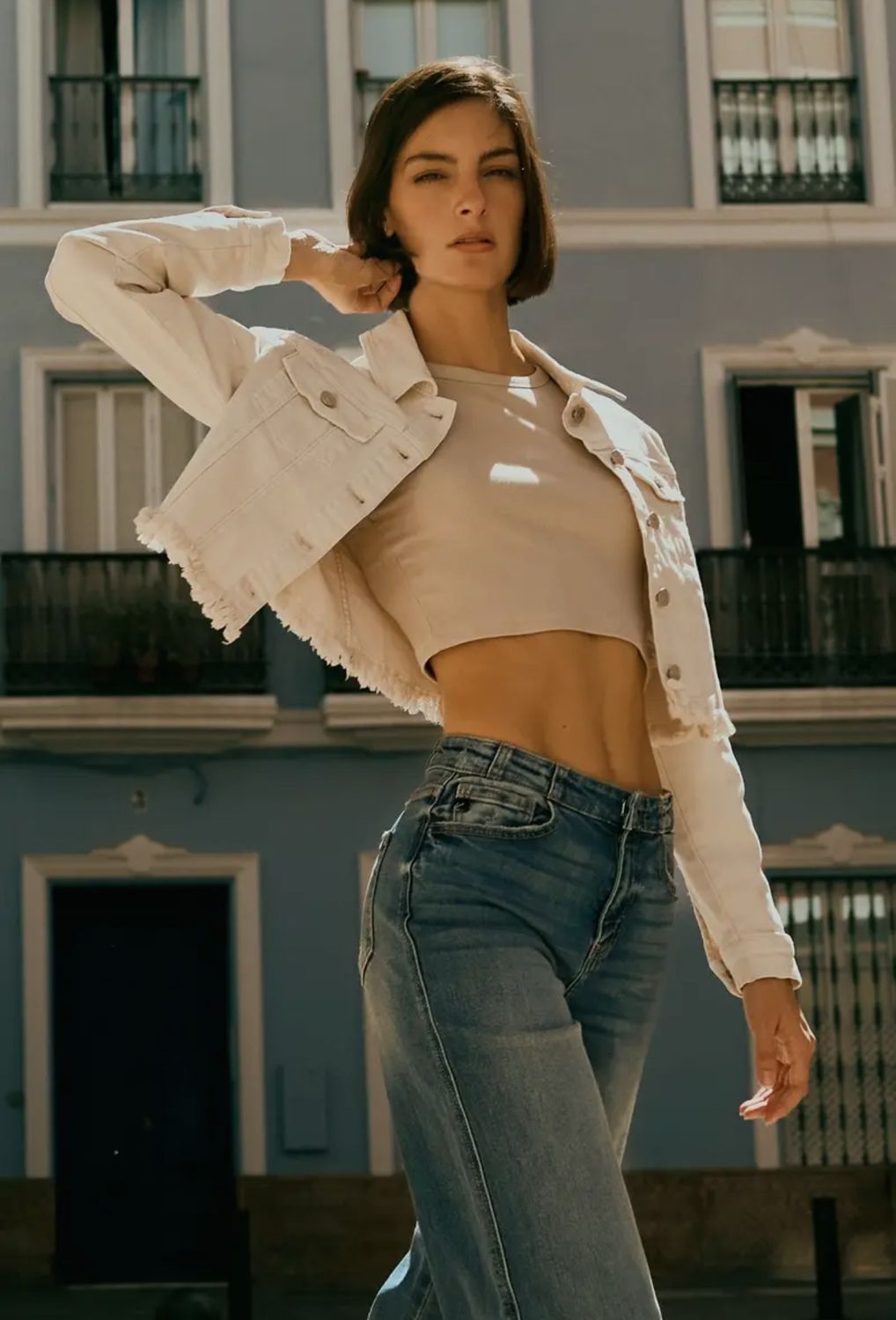 KanCan Ecru Cropped Denim Jacket