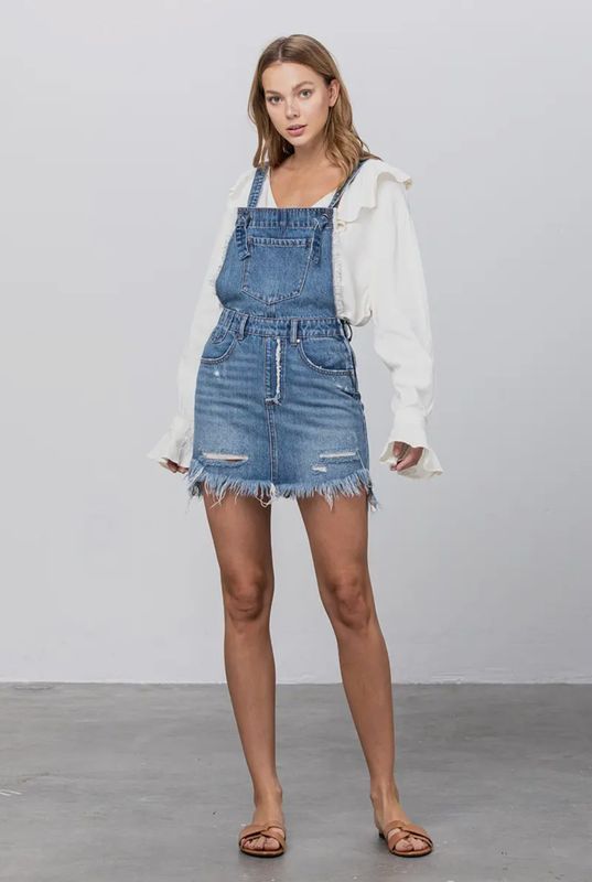 Frayed Hem Distressed Overall Denim Skirt