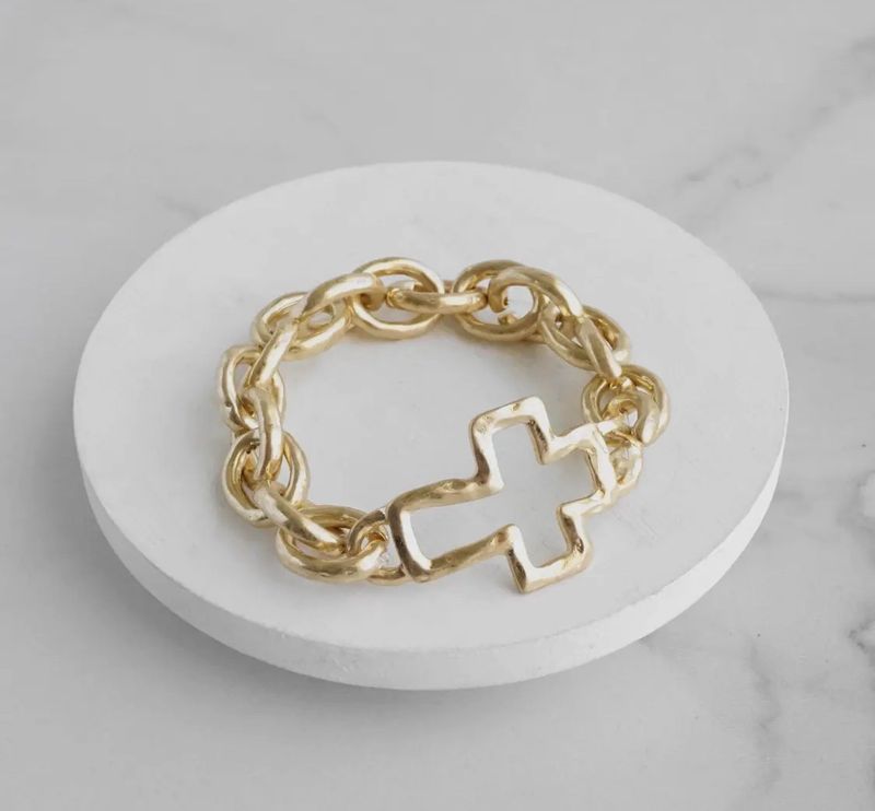 Chunky Chain Cross Bracelet Worn Gold