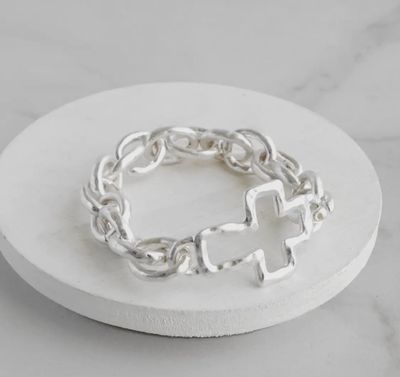 Chunky Chain Cross Bracelet Worn Silver