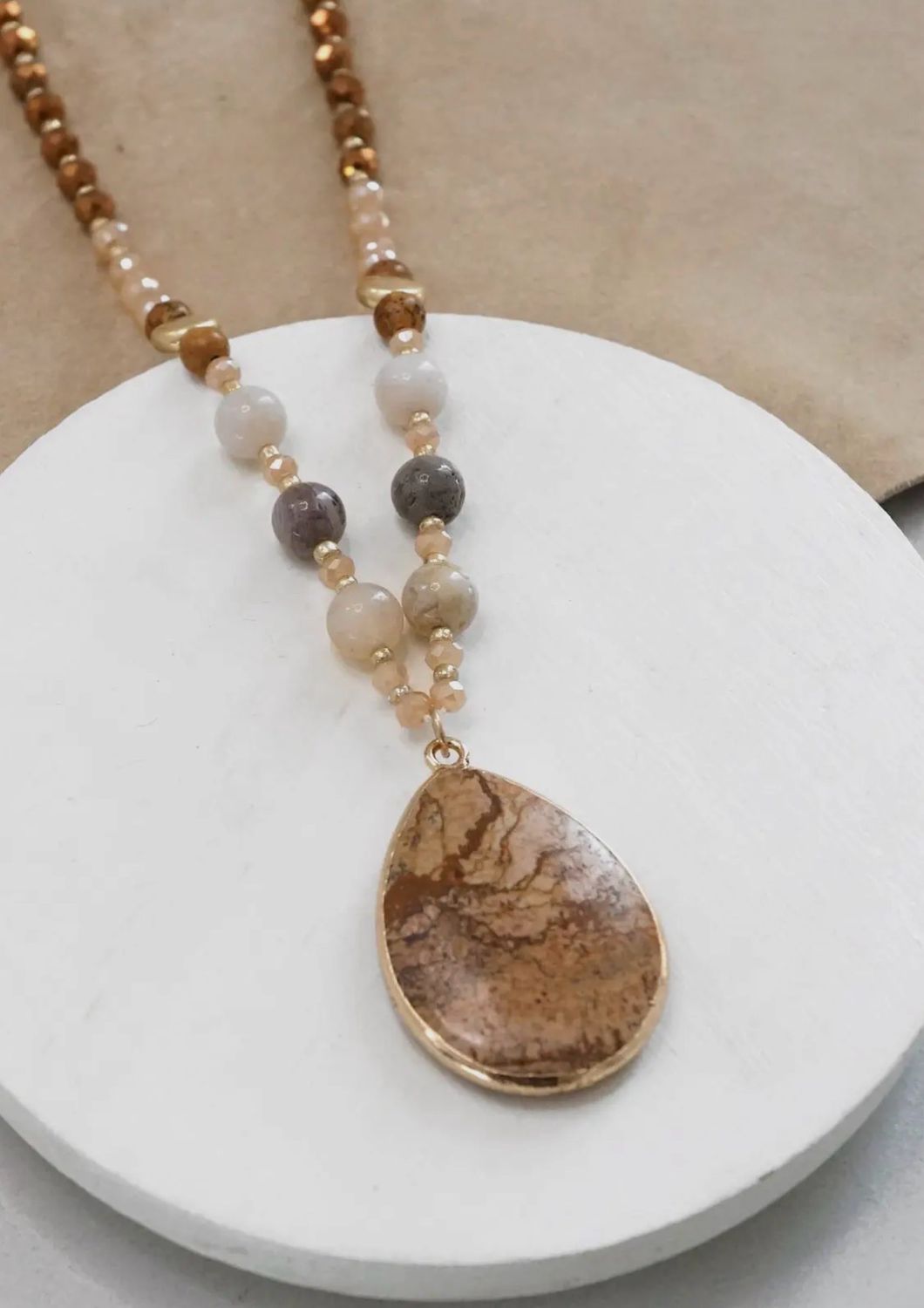 Beaded Long Necklace With Semi Precious Jasper Teardrop Stone Pendant