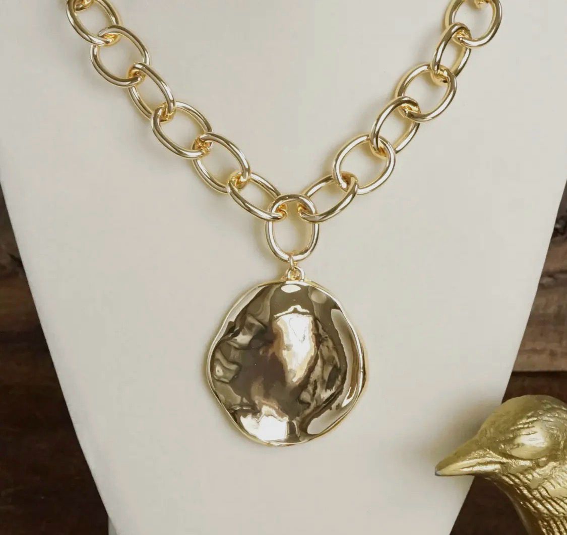 Chunky Chain &amp; Hammered Disc Statement Necklace