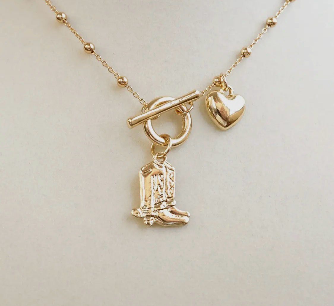 Cowgirl Charm Dainty Boots ,heart Necklace In Gold