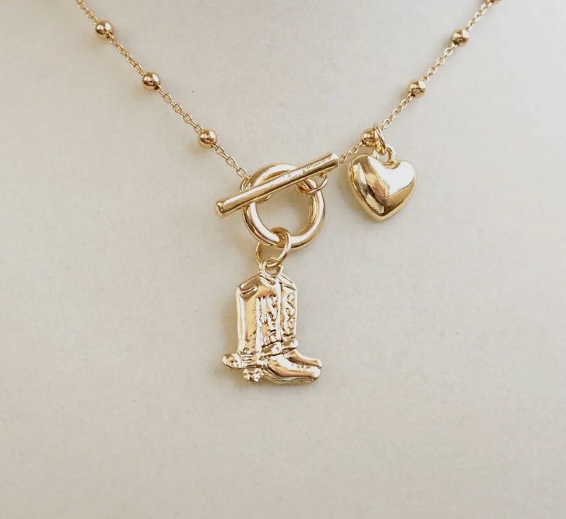 Cowgirl Charm Dainty Boots ,heart Necklace In Gold