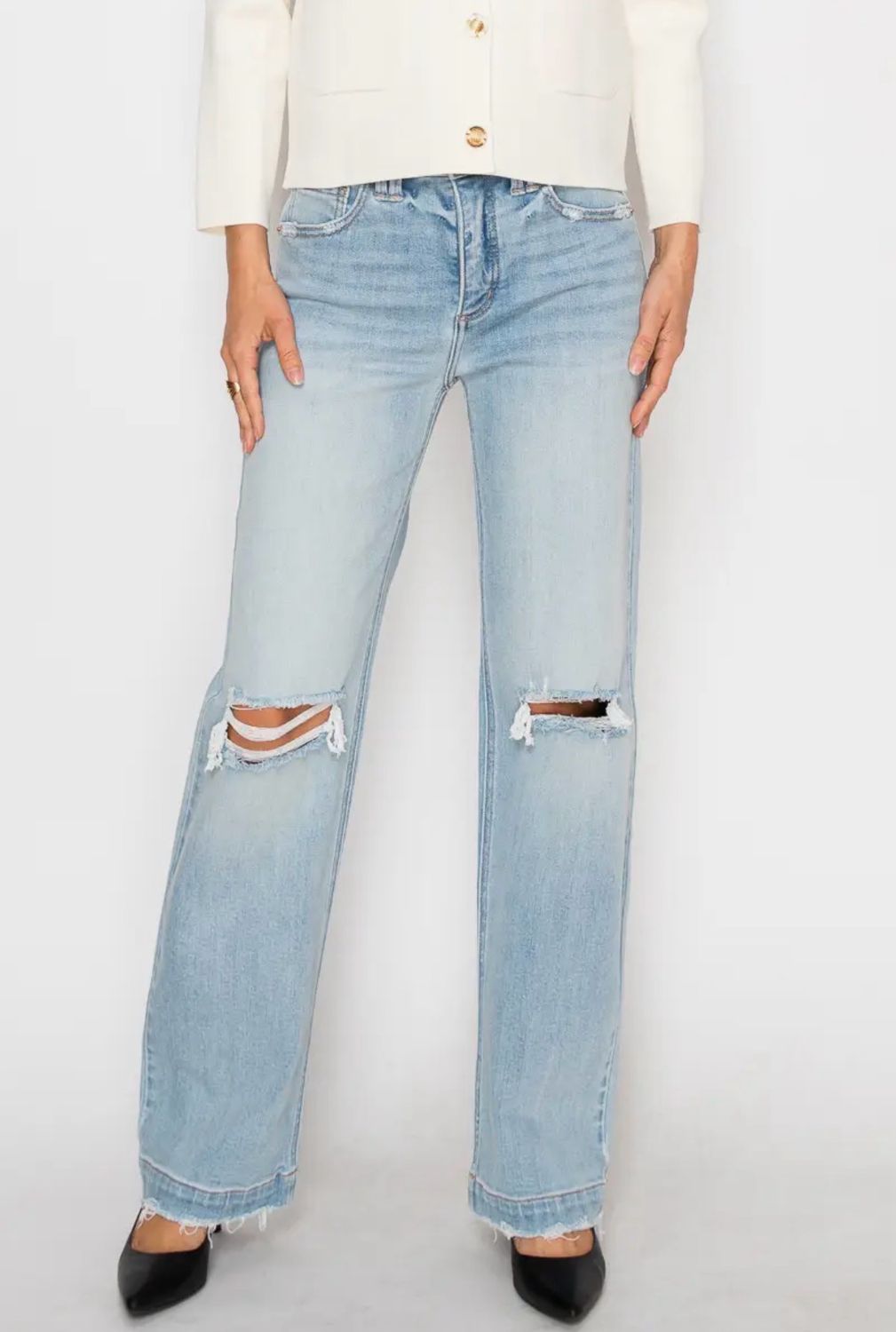 Tummy Control High Rise Relaxed Straight Leg Light Wash Jean